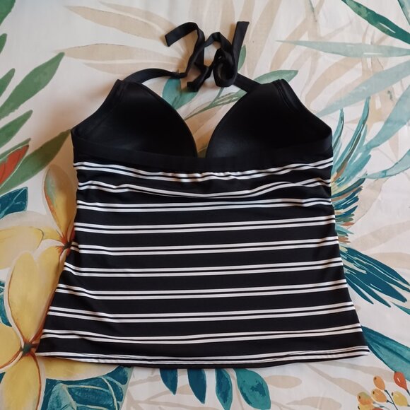 EUC La Blanca Black/White Striped "Dapper Derby" Halter Tankini Size 12 (36-38C) - Picture 4 of 8